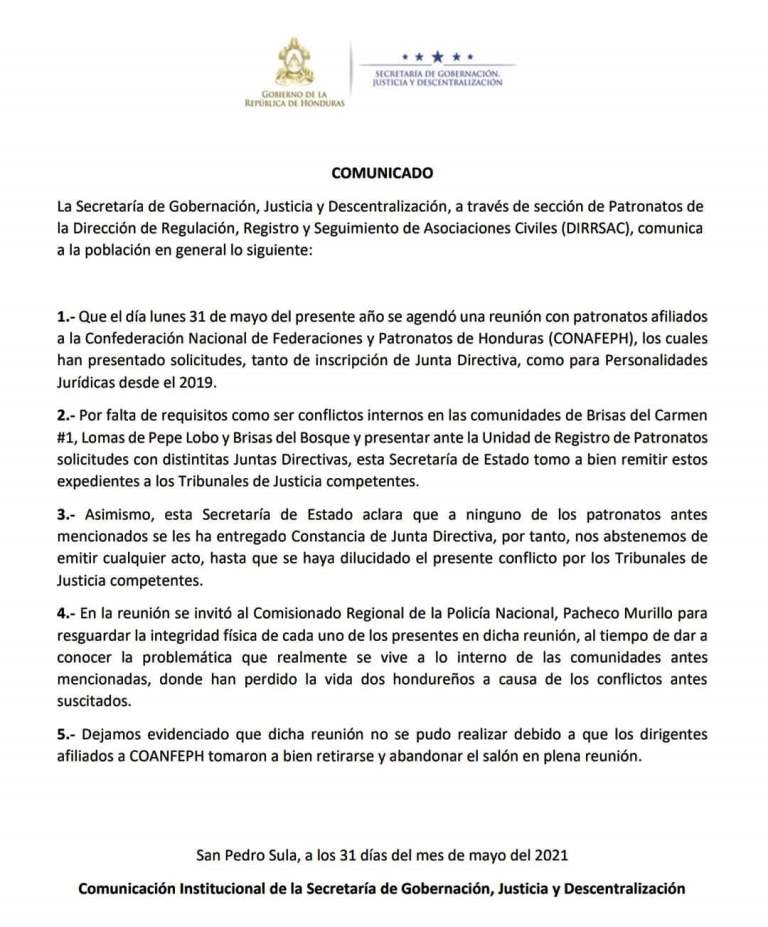 COMUNICADO: Situación actual de la Confederación Nacional de Federaciones y Patronatos de Honduras (CONAFEPH).